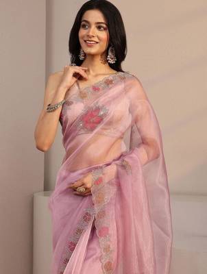 pink floral beads and stones organza heavy work saree 5