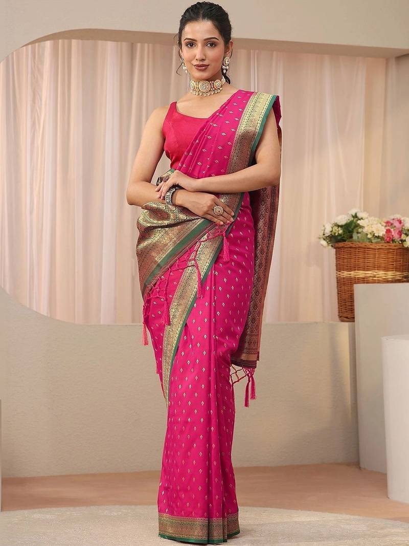 pink ethnic motifs zari silk blend saree