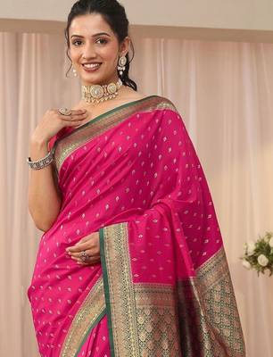 pink ethnic motifs zari silk blend saree 4