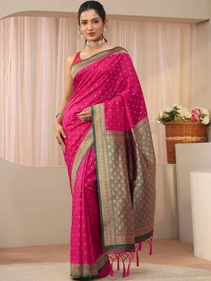 pink ethnic motifs zari silk blend saree 5