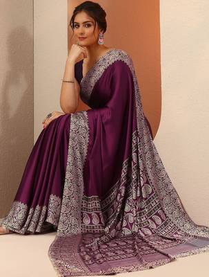 purple solid satin saree with unstitched blouse piece 1