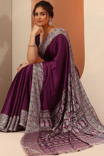 purple solid satin saree with unstitched blouse piece