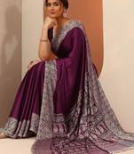 purple solid satin saree with unstitched blouse piece