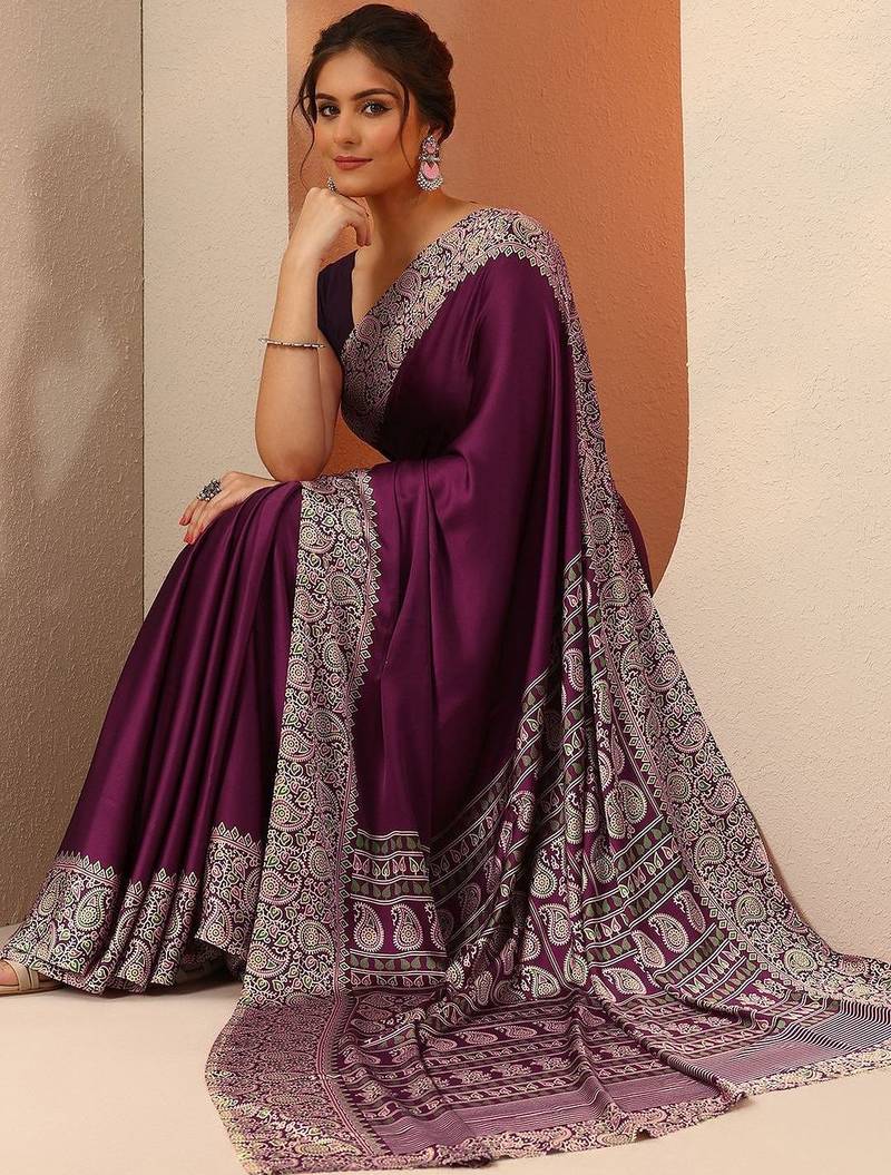 purple solid satin saree with unstitched blouse piece