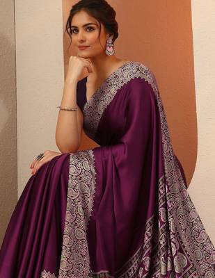 purple solid satin saree with unstitched blouse piece 2
