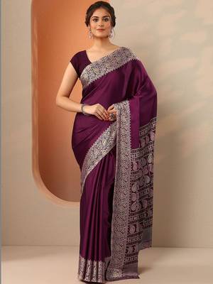 purple solid satin saree with unstitched blouse piece 3