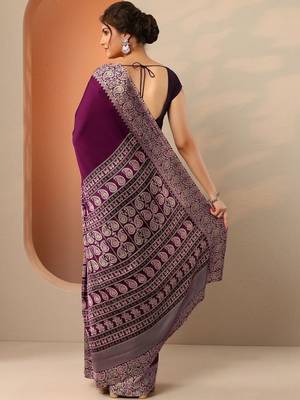 purple solid satin saree with unstitched blouse piece 4