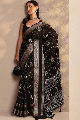 black woven design saree with unstitched blouse piece