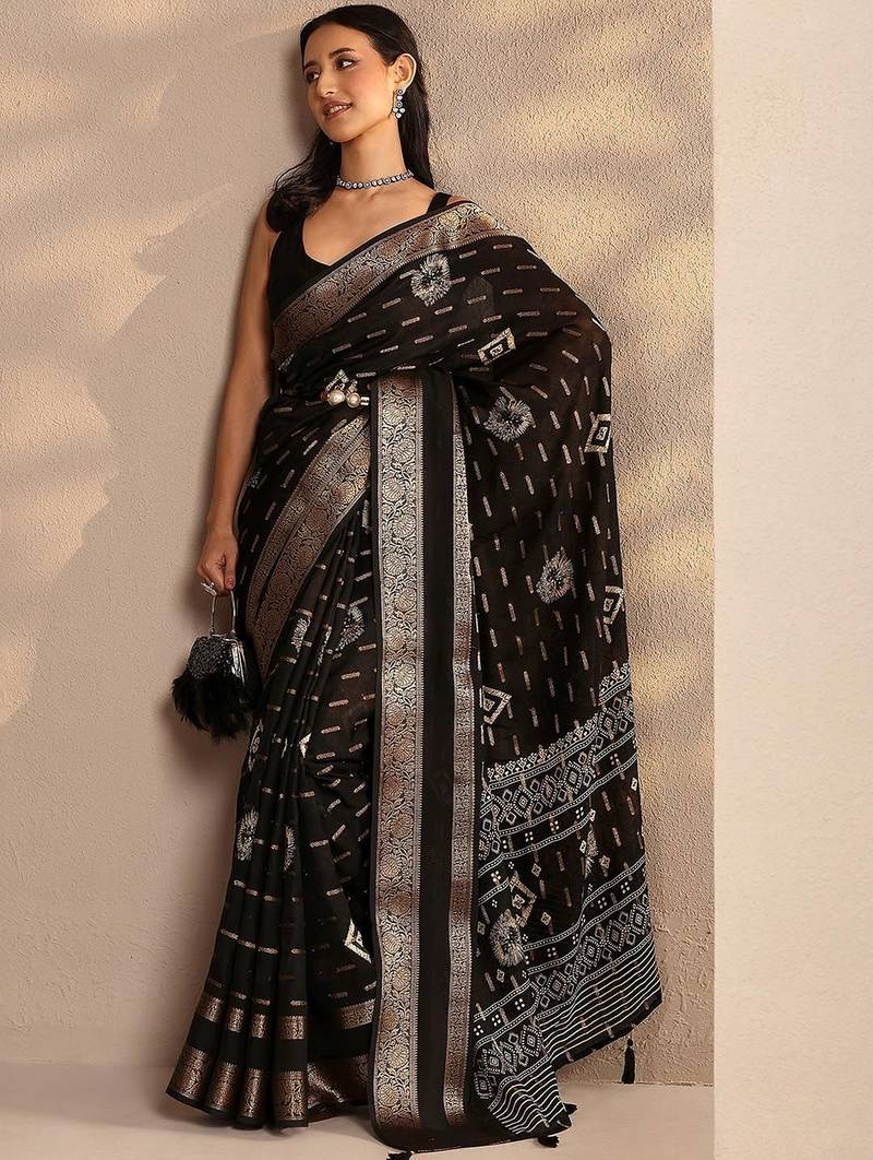 black woven design saree with unstitched blouse piece