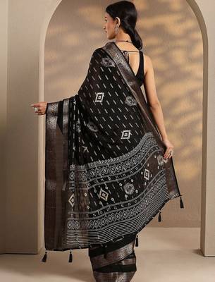 black woven design saree with unstitched blouse piece 4