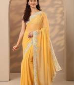 yellow embellished saree with unstitched blouse piece
