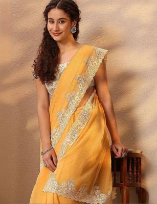 yellow embellished saree with unstitched blouse piece 2