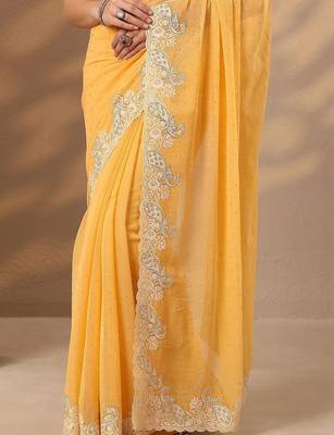 yellow embellished saree with unstitched blouse piece 3