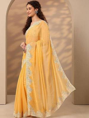 yellow embellished saree with unstitched blouse piece 5