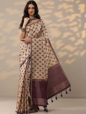 beige ikkat printed saree with unstitched blouse piece 1
