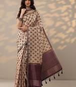 beige ikkat printed saree with unstitched blouse piece