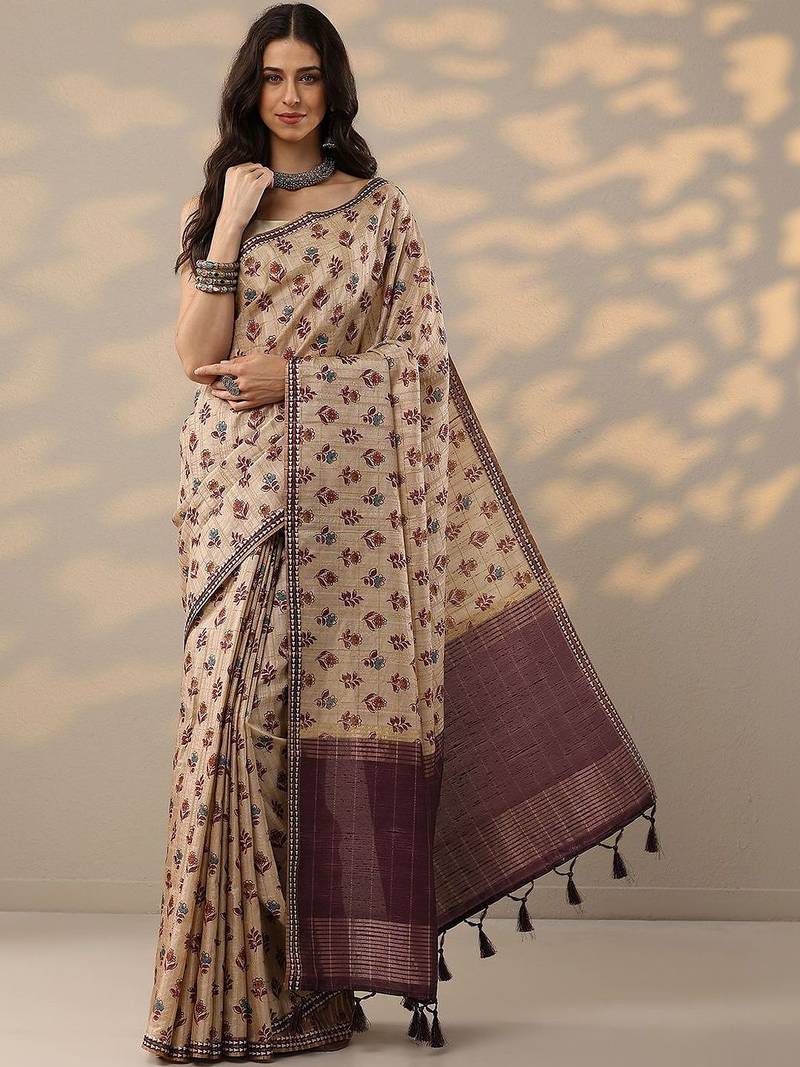 beige ikkat printed saree with unstitched blouse piece