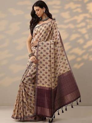 beige ikkat printed saree with unstitched blouse piece 2