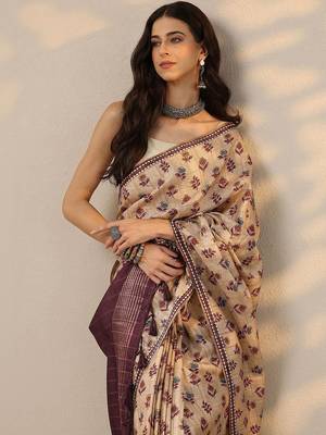 beige ikkat printed saree with unstitched blouse piece 5