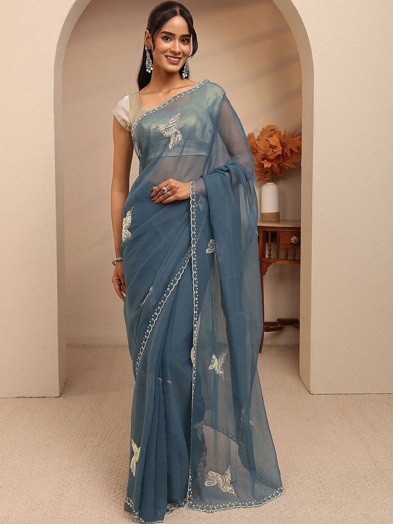 teal peacock blue tissue saree