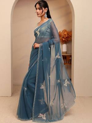 teal peacock blue tissue saree 3