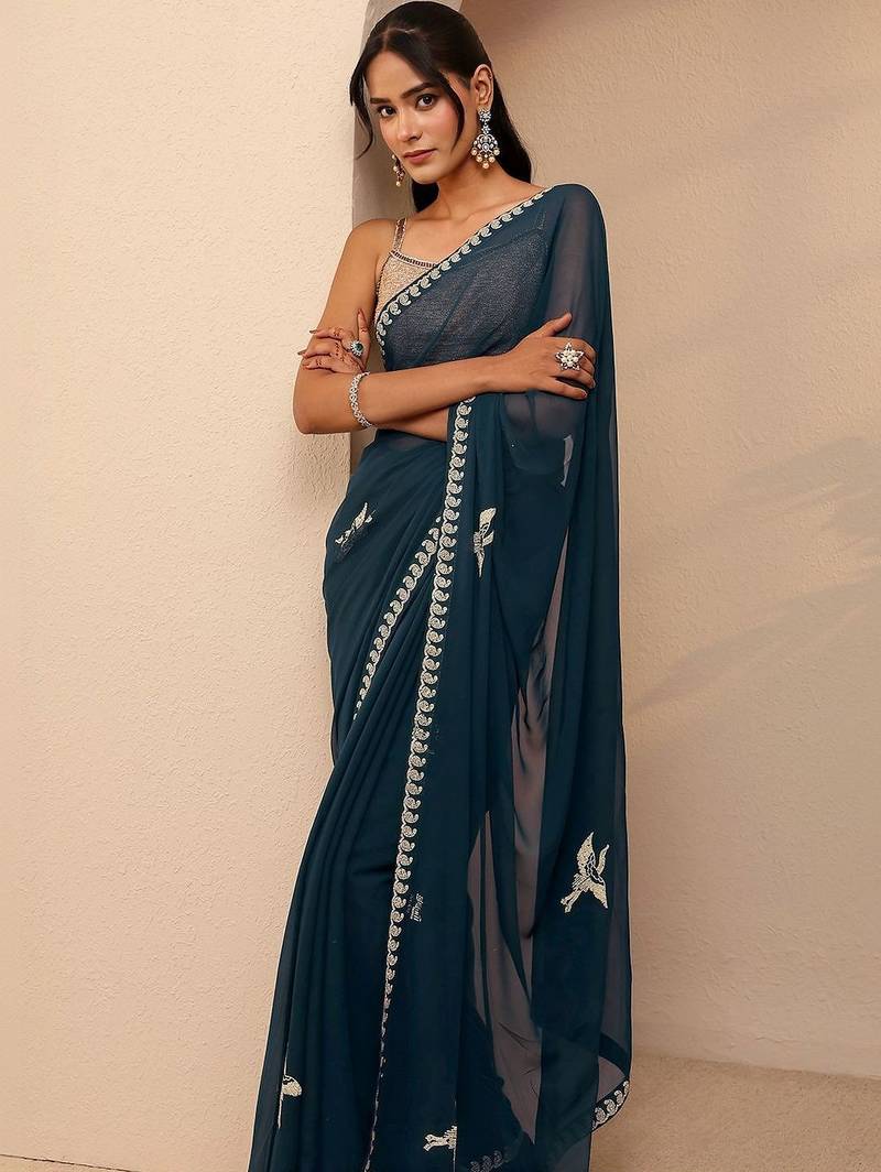 teal georgette saree