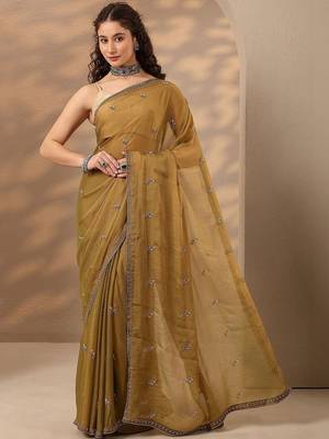 olive embellished saree with unstitched blouse piece 1