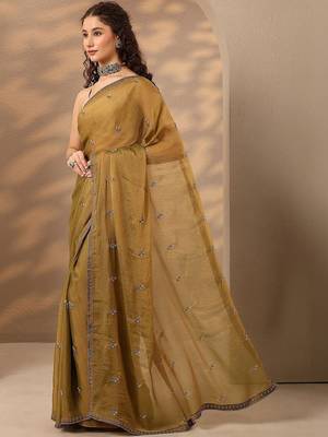 olive embellished saree with unstitched blouse piece 2
