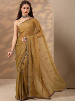 olive embellished saree with unstitched blouse piece 3