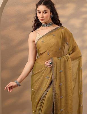 olive embellished saree with unstitched blouse piece 4