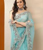 turquoise blue floral embroidered chiffon heavy work saree