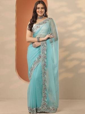 turquoise blue floral embroidered chiffon heavy work saree 2