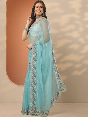 turquoise blue floral embroidered chiffon heavy work saree 3