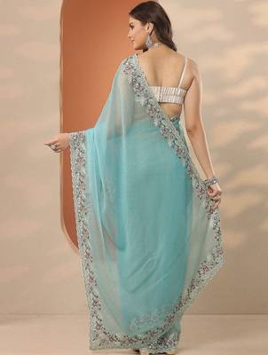 turquoise blue floral embroidered chiffon heavy work saree 5