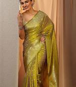lime green floral zari silk blend saree