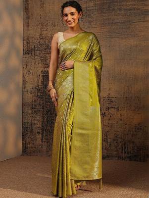 lime green floral zari silk blend saree 2