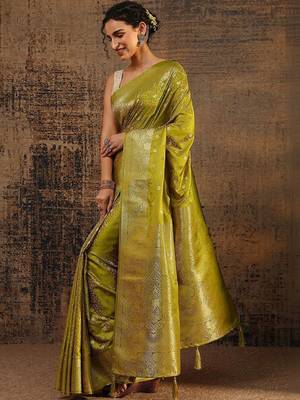lime green floral zari silk blend saree 3
