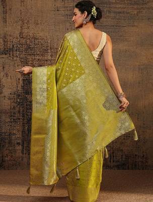 lime green floral zari silk blend saree 4