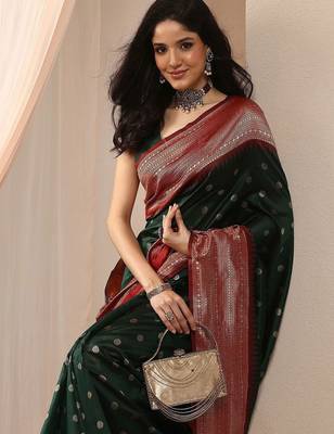 green woven design saree with unstitched blouse piece 1