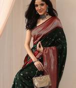 green woven design saree with unstitched blouse piece