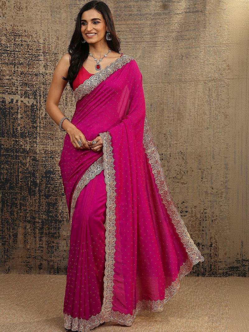 magenta floral zari embellished saree with zari embellished border and a blouse piece