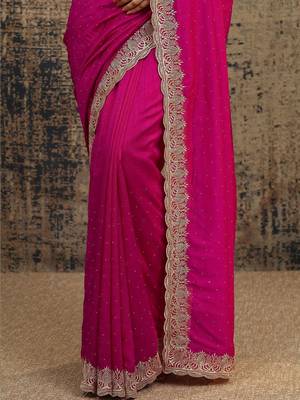 magenta floral zari embellished saree with zari embellished border and a blouse piece 3