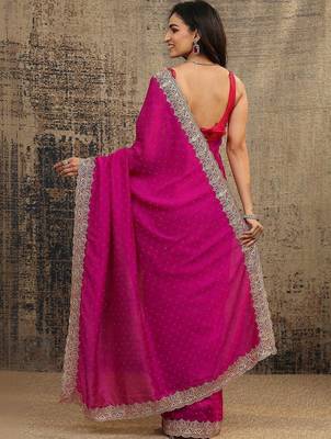 magenta floral zari embellished saree with zari embellished border and a blouse piece 5