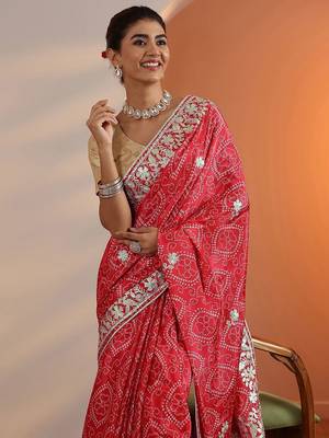 red bandhani printed chinon saree with unstitched blouse piece 1