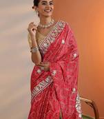 red bandhani printed chinon saree with unstitched blouse piece