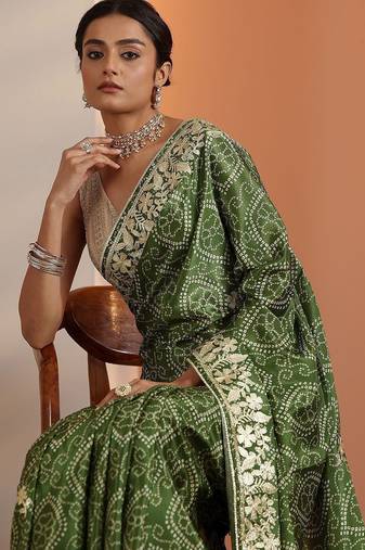 olive bandhani printed chinon saree with unstitched blouse piece