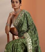 olive bandhani printed chinon saree with unstitched blouse piece
