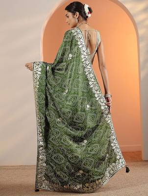olive bandhani printed chinon saree with unstitched blouse piece 4