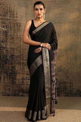 black solid saree with unstitched blouse piece