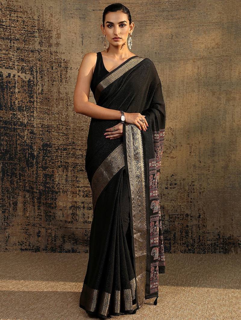 black solid saree with unstitched blouse piece